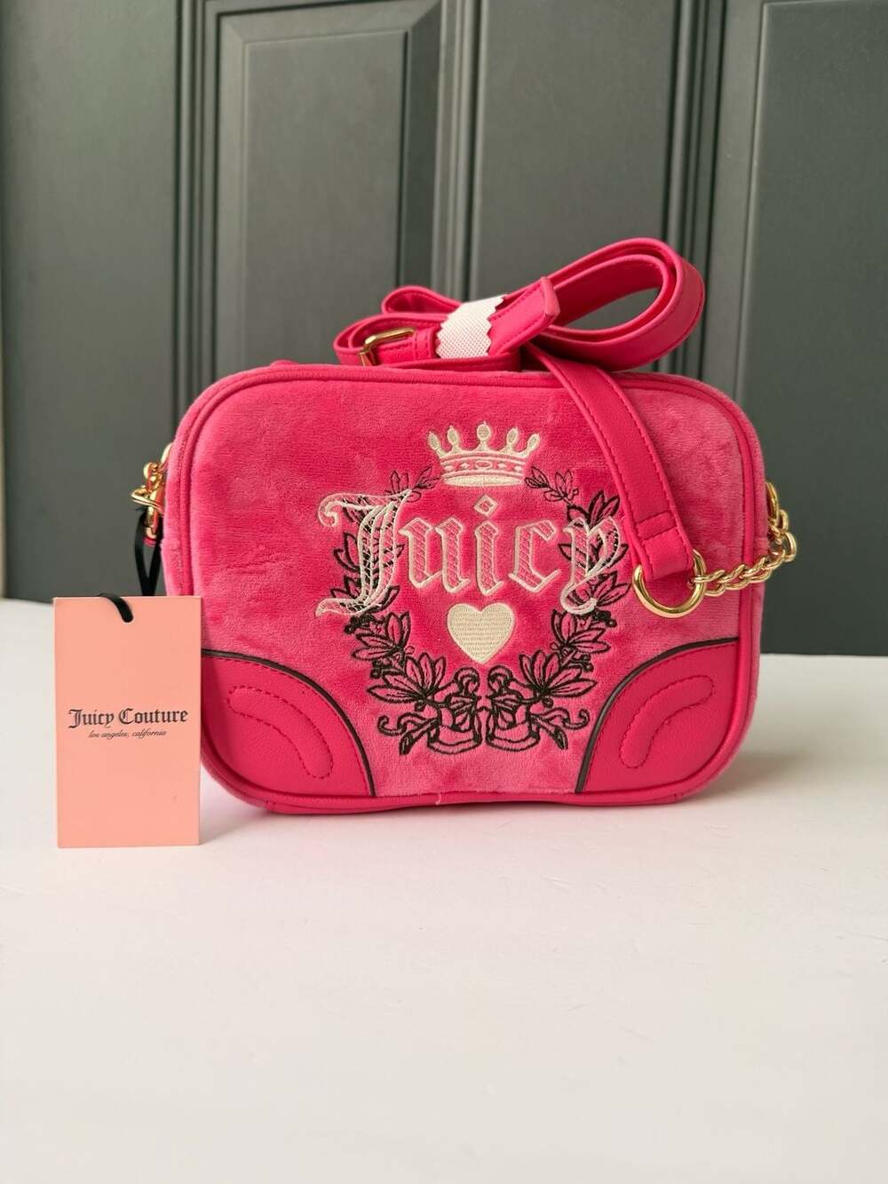 Juicy Couture Pink Flash Heritage Velour Crossbody Bag